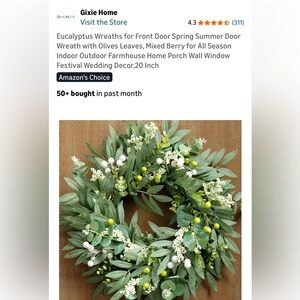 NIB Gixie Home Eucalyptus Wreath 20" Olive Leaves,Mixed Berries, Door Decor